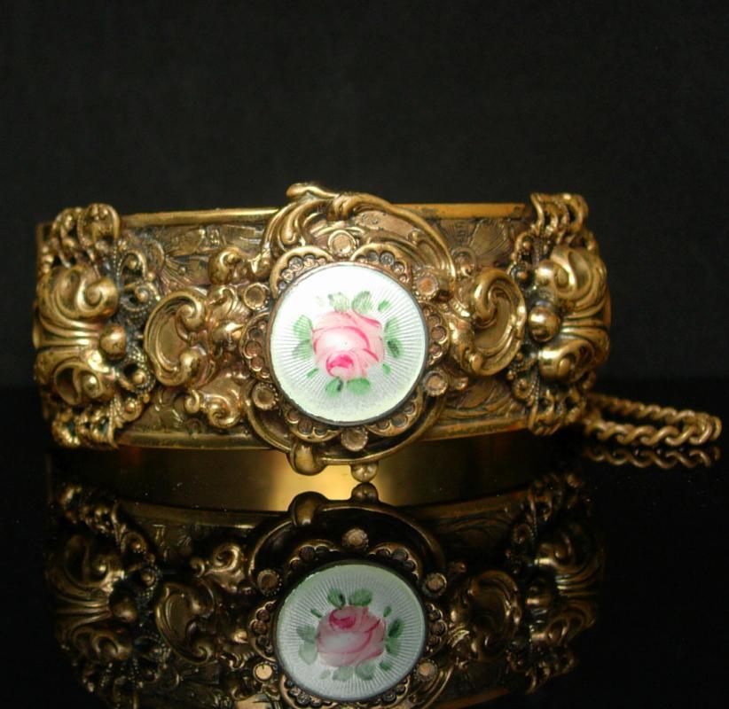 Victorian Bracelet GORGEOUS Guilloche enamel LAYERED hinged bracelet ornate Vintage Wedding bangle with original chain
