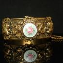 Victorian Bracelet GORGEOUS Guilloche enamel LAYERED hinged bracelet ornate Vintage Wedding bangle with original chain
