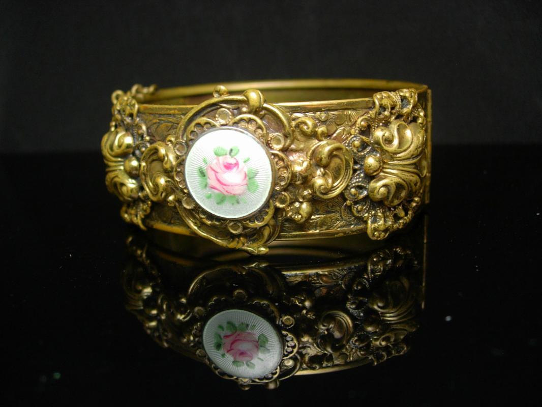 Victorian Bracelet GORGEOUS Guilloche enamel LAYERED hinged bracelet ornate Vintage Wedding bangle with original chain