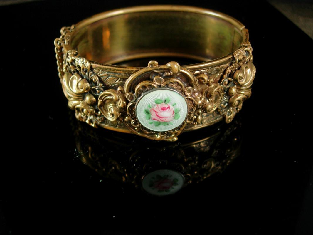 Victorian Bracelet GORGEOUS Guilloche enamel LAYERED hinged bracelet ornate Vintage Wedding bangle with original chain