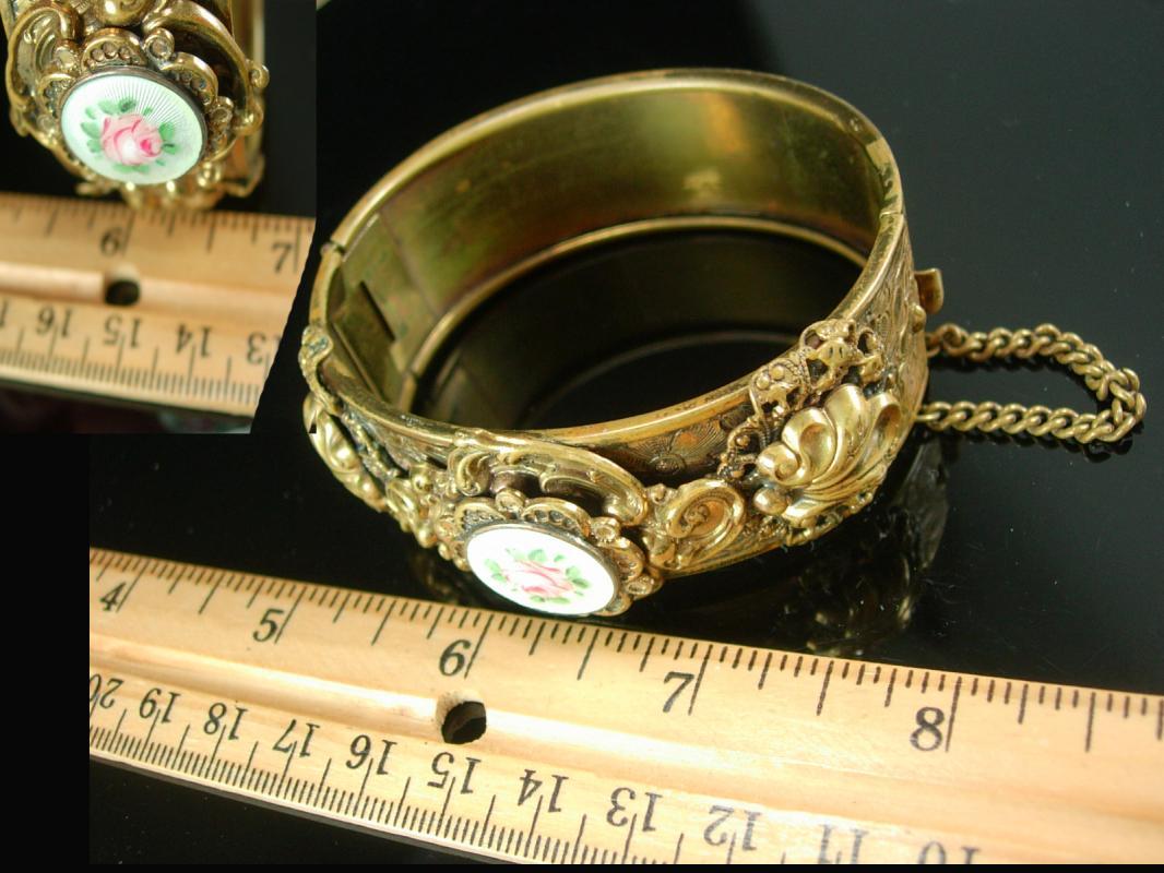 Victorian Bracelet GORGEOUS Guilloche enamel LAYERED hinged bracelet ornate Vintage Wedding bangle with original chain
