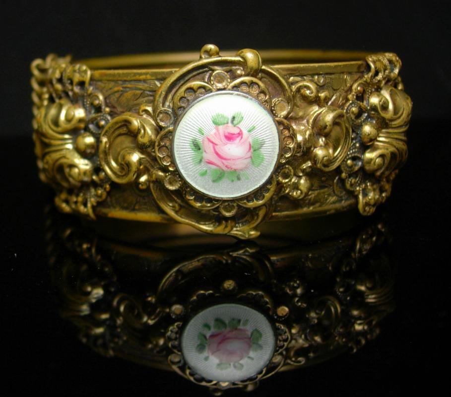 Victorian Bracelet GORGEOUS Guilloche enamel LAYERED hinged bracelet ornate Vintage Wedding bangle with original chain