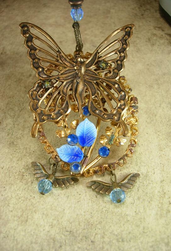 Exotic Garden deco Nymph glass necklace with dragonfly charms fairy butterfly with rhinestones