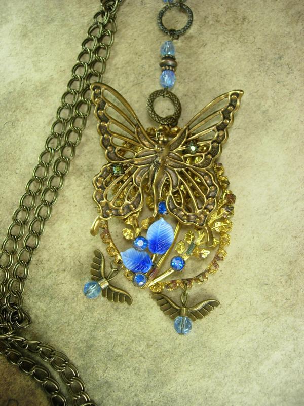 Exotic Garden deco Nymph glass necklace with dragonfly charms fairy butterfly with rhinestones