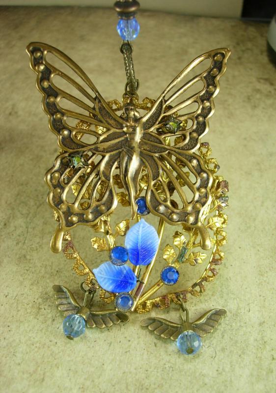 Exotic Garden deco Nymph glass necklace with dragonfly charms fairy butterfly with rhinestones
