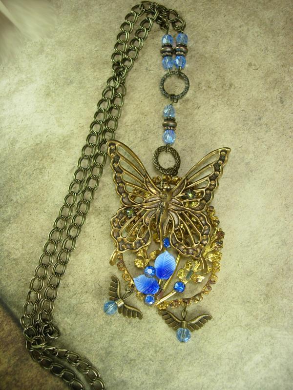 Exotic Garden deco Nymph glass necklace with dragonfly charms fairy butterfly with rhinestones