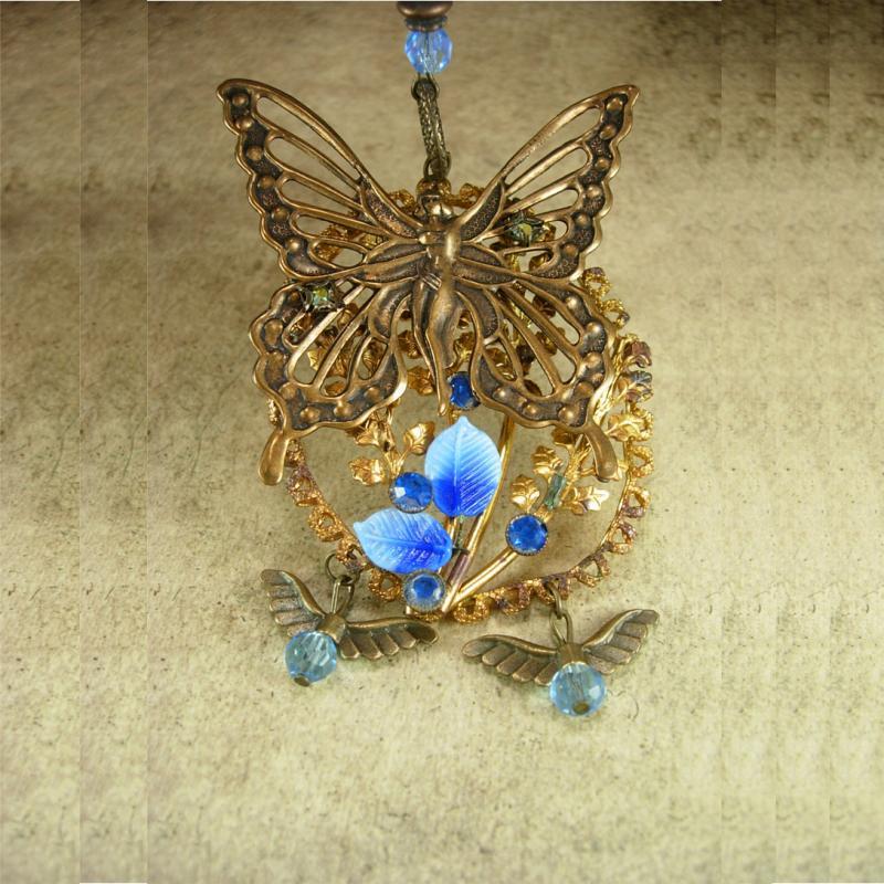 Exotic Garden deco Nymph glass necklace with dragonfly charms fairy butterfly with rhinestones