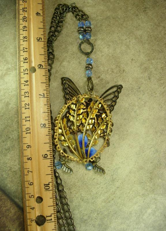 Exotic Garden deco Nymph glass necklace with dragonfly charms fairy butterfly with rhinestones