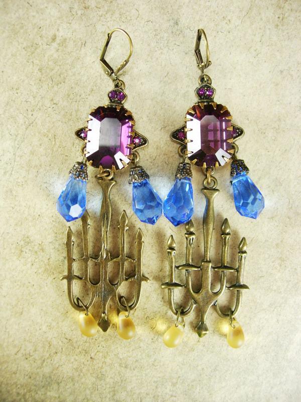 GOthic LONG Amethyst glass candelbra spooky kinda girl earrings
