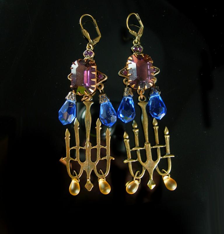 GOthic LONG Amethyst glass candelbra spooky kinda girl earrings