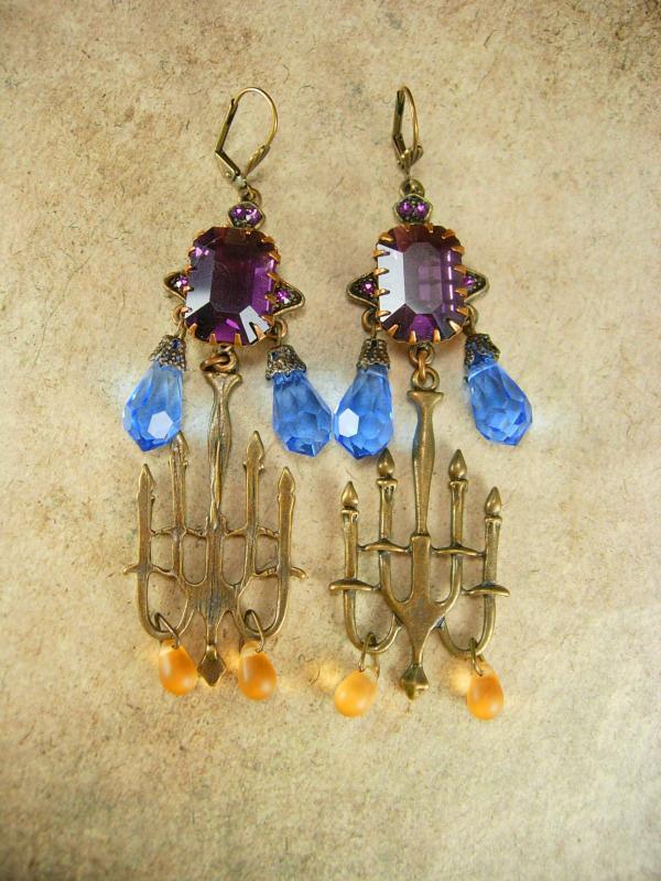 GOthic LONG Amethyst glass candelbra spooky kinda girl earrings