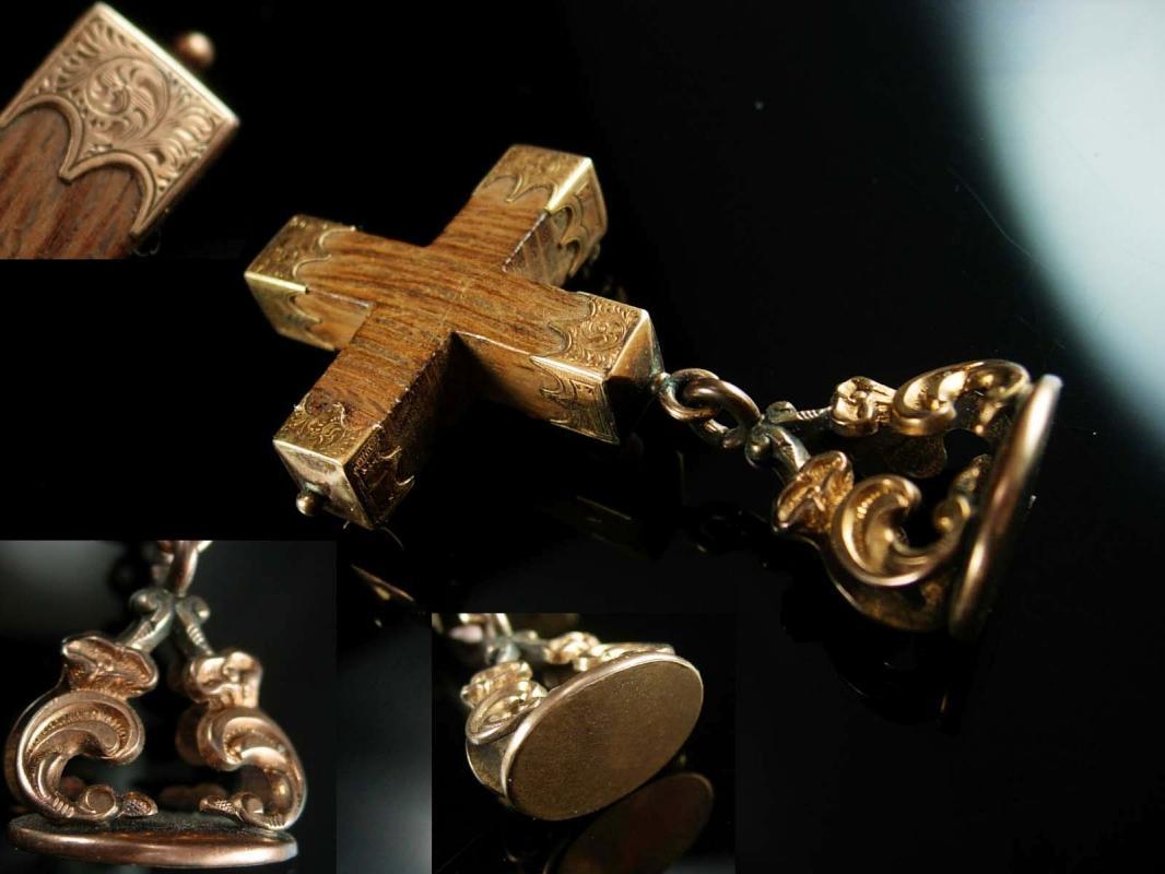 Antique 14kt rose GOLD Victorian Cross Fob Brooch Victorian 1800's religious jewelry fancy end caps