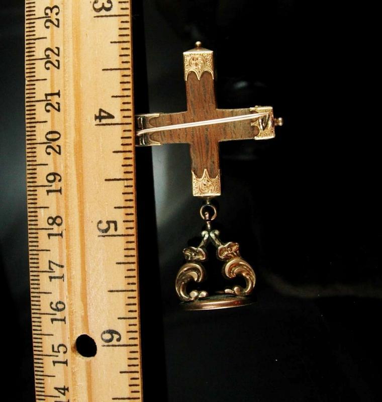 Antique 14kt rose GOLD Victorian Cross Fob Brooch Victorian 1800's religious jewelry fancy end caps