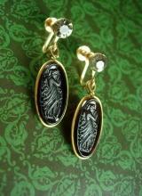 Antique Earrings Art NOUVEAU amber glass cameo Goddess Smoky topaz vintage tops Screw back on gold filled dangle drops