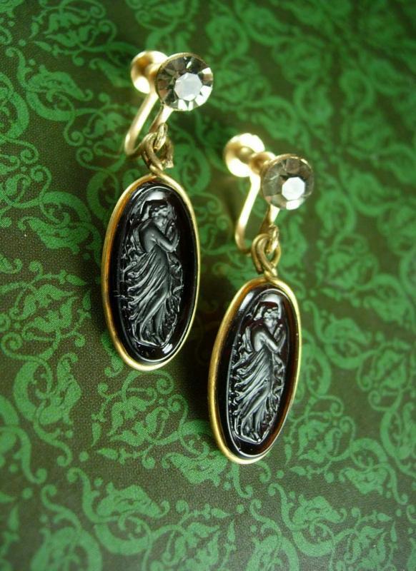 Antique Earrings Art NOUVEAU amber glass cameo Goddess Smoky topaz vintage tops Screw back on gold filled dangle drops