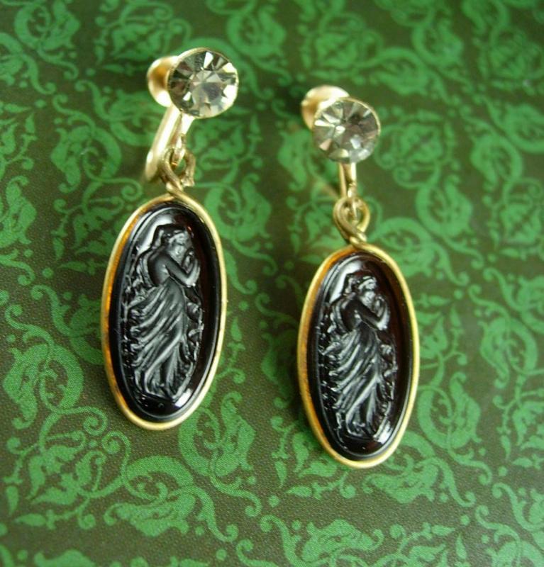 Antique Earrings Art NOUVEAU amber glass cameo Goddess Smoky topaz vintage tops Screw back on gold filled dangle drops