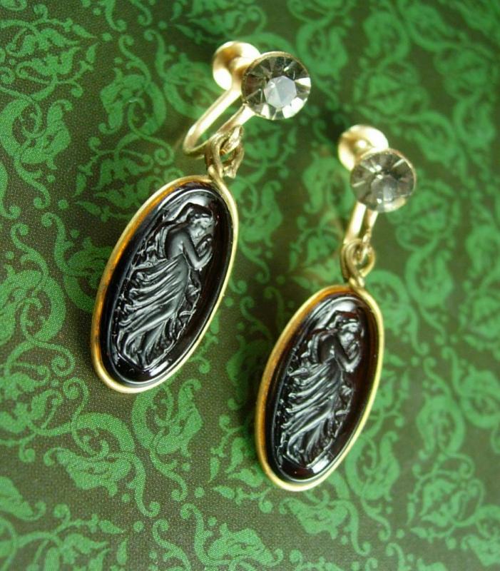 Antique Earrings Art NOUVEAU amber glass cameo Goddess Smoky topaz vintage tops Screw back on gold filled dangle drops