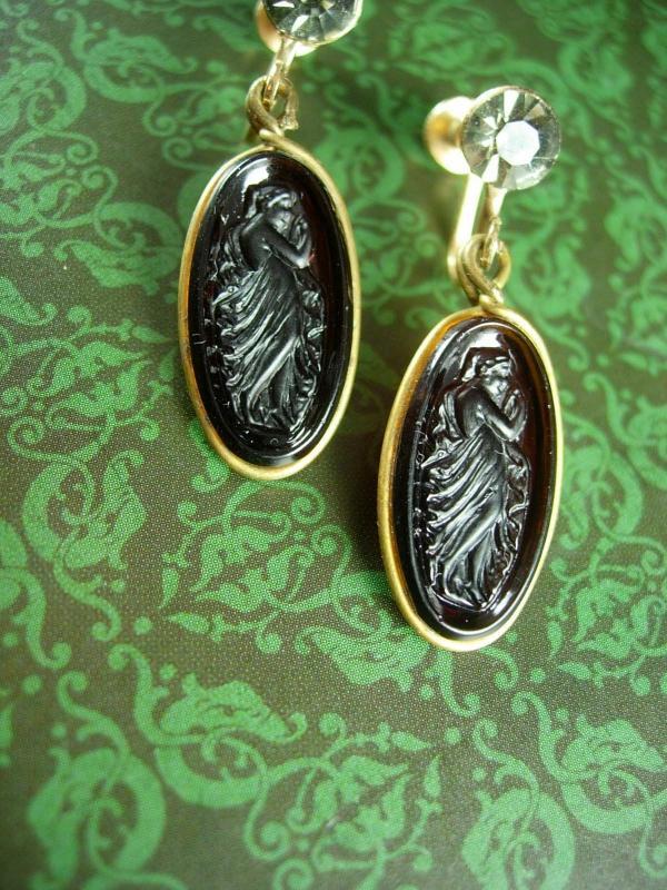 Antique Earrings Art NOUVEAU amber glass cameo Goddess Smoky topaz vintage tops Screw back on gold filled dangle drops