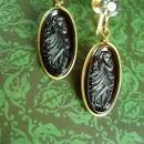 Antique Earrings Art NOUVEAU amber glass cameo Goddess Smoky topaz vintage tops Screw back on gold filled dangle drops