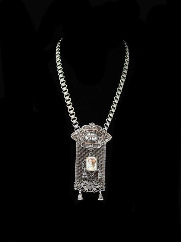 Antique Bookchain necklace Vintage Fabulous Mucha Goddess portrait Watch Fob mesh huge tassel Brooch two piece silver statement necklace set