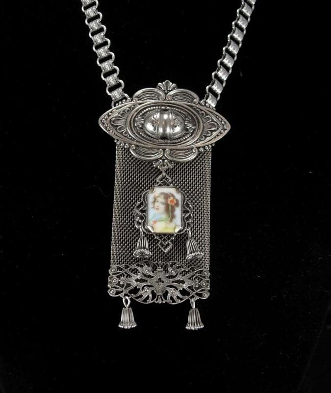 Antique Bookchain necklace Vintage Fabulous Mucha Goddess portrait Watch Fob mesh huge tassel Brooch two piece silver statement necklace set
