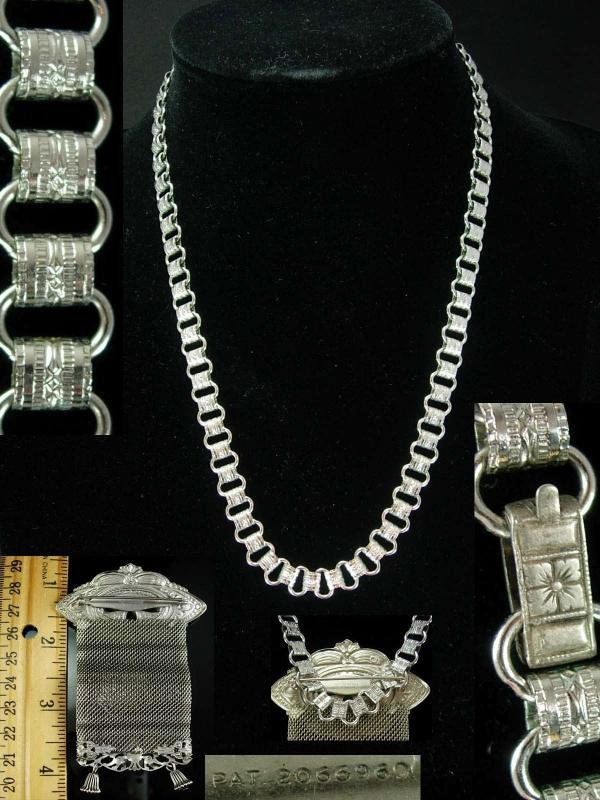 Antique Bookchain necklace Vintage Fabulous Mucha Goddess portrait Watch Fob mesh huge tassel Brooch two piece silver statement necklace set
