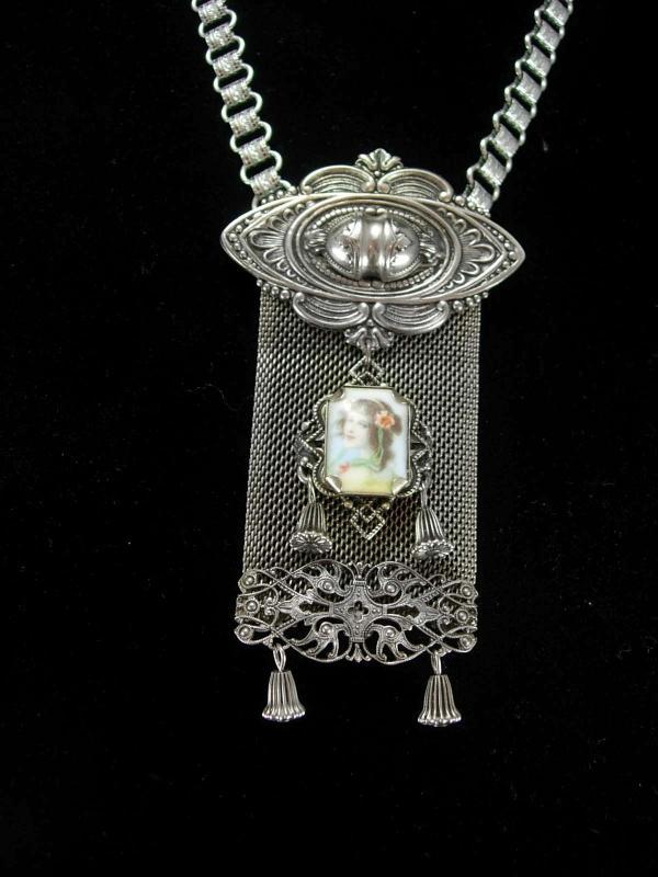 Antique Bookchain necklace Vintage Fabulous Mucha Goddess portrait Watch Fob mesh huge tassel Brooch two piece silver statement necklace set
