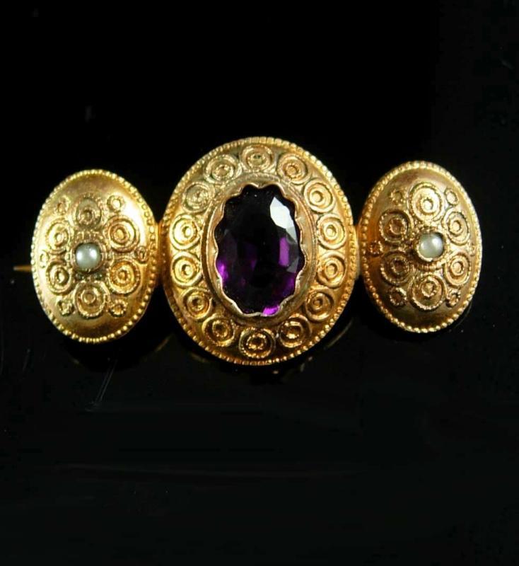 GEORGIAN Antique AMETHYST seed pearl Gold BROOCH pre-civil war purple faceted center C clasp Aquarius february birthstone