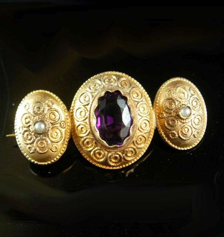 GEORGIAN Antique AMETHYST seed pearl Gold BROOCH pre-civil war purple faceted center C clasp Aquarius february birthstone
