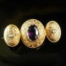 GEORGIAN Antique AMETHYST seed pearl Gold BROOCH pre-civil war purple faceted center C clasp Aquarius february birthstone