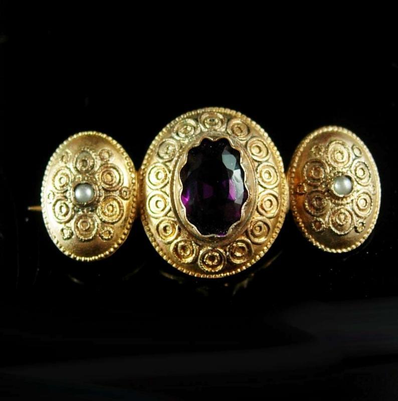 GEORGIAN Antique AMETHYST seed pearl Gold BROOCH pre-civil war purple faceted center C clasp Aquarius february birthstone
