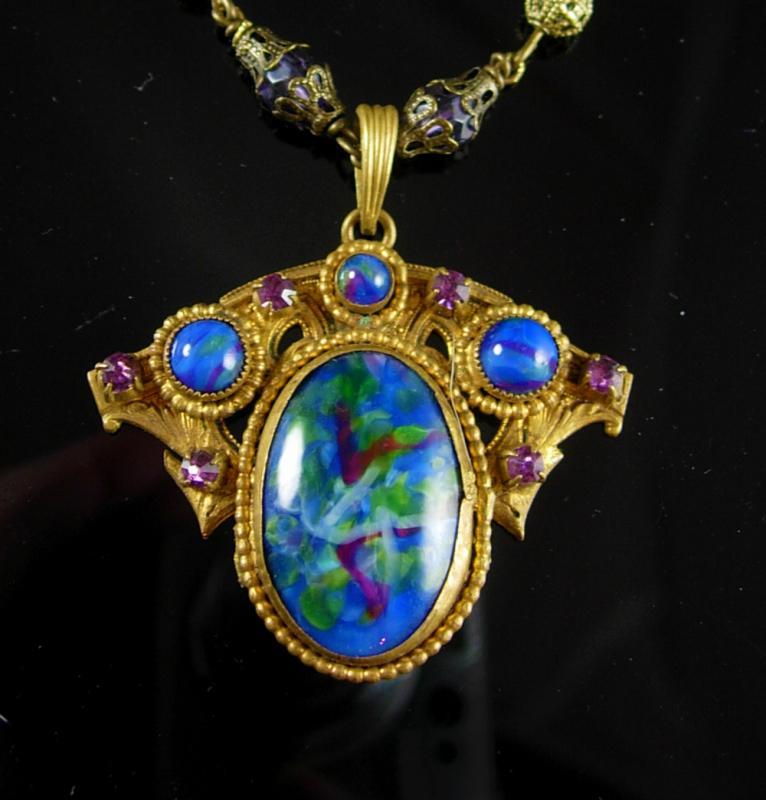 Vintage Art Nouveau Necklace Czech art glass and brass peacock colors Antique jewelry purple paste rhinestones