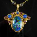 Vintage Art Nouveau Necklace Czech art glass and brass peacock colors Antique jewelry purple paste rhinestones