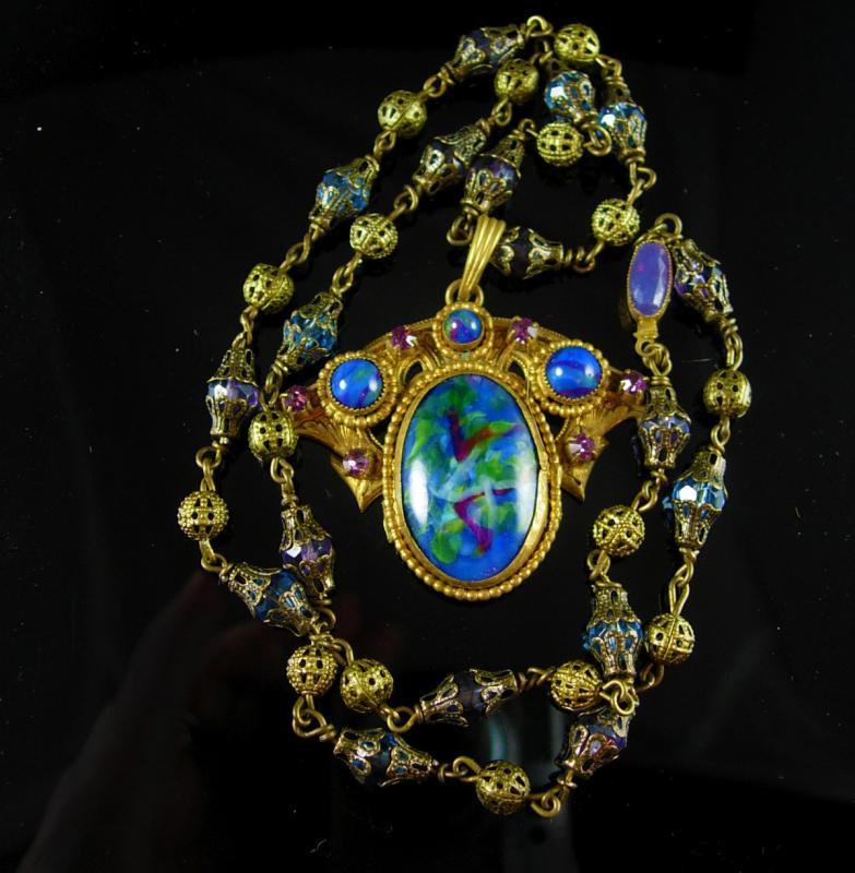 Vintage Art Nouveau Necklace Czech art glass and brass peacock colors Antique jewelry purple paste rhinestones