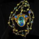 Vintage Art Nouveau Necklace Czech art glass and brass peacock colors Antique jewelry purple paste rhinestones