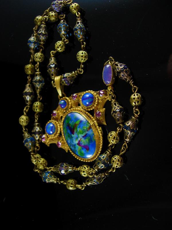 Vintage Art Nouveau Necklace Czech art glass and brass peacock colors Antique jewelry purple paste rhinestones