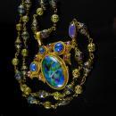Vintage Art Nouveau Necklace Czech art glass and brass peacock colors Antique jewelry purple paste rhinestones