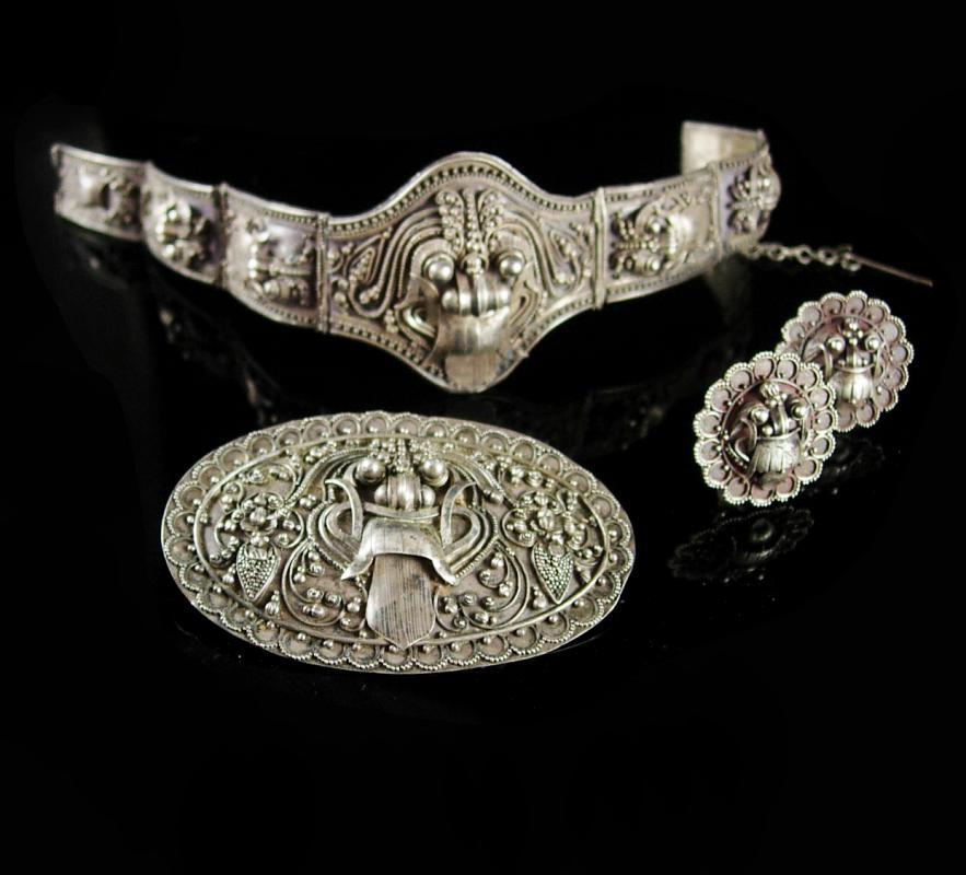 Antique demon queen Rangda Bracelet Brooch Earrings Silver etruscan Balinese demi parure Goddess jewelry