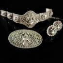 Antique demon queen Rangda Bracelet Brooch Earrings Silver etruscan Balinese demi parure Goddess jewelry