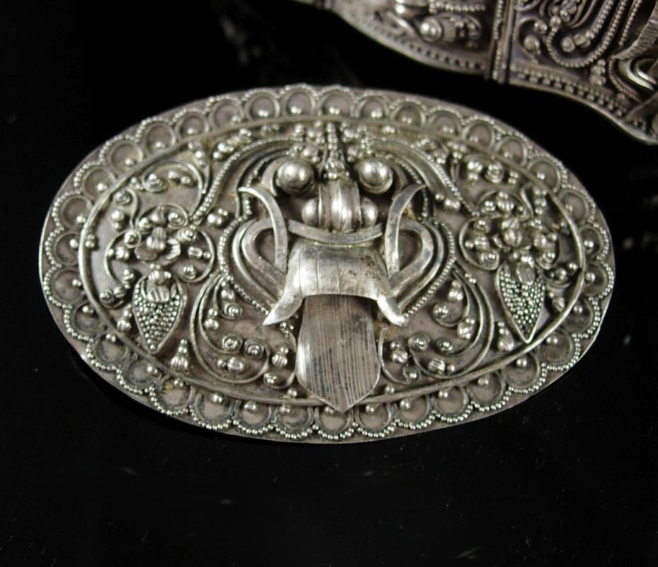 Antique demon queen Rangda Bracelet Brooch Earrings Silver etruscan Balinese demi parure Goddess jewelry