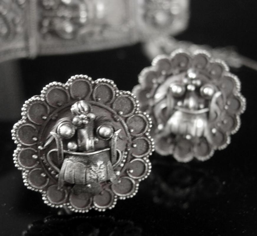 Antique demon queen Rangda Bracelet Brooch Earrings Silver etruscan Balinese demi parure Goddess jewelry