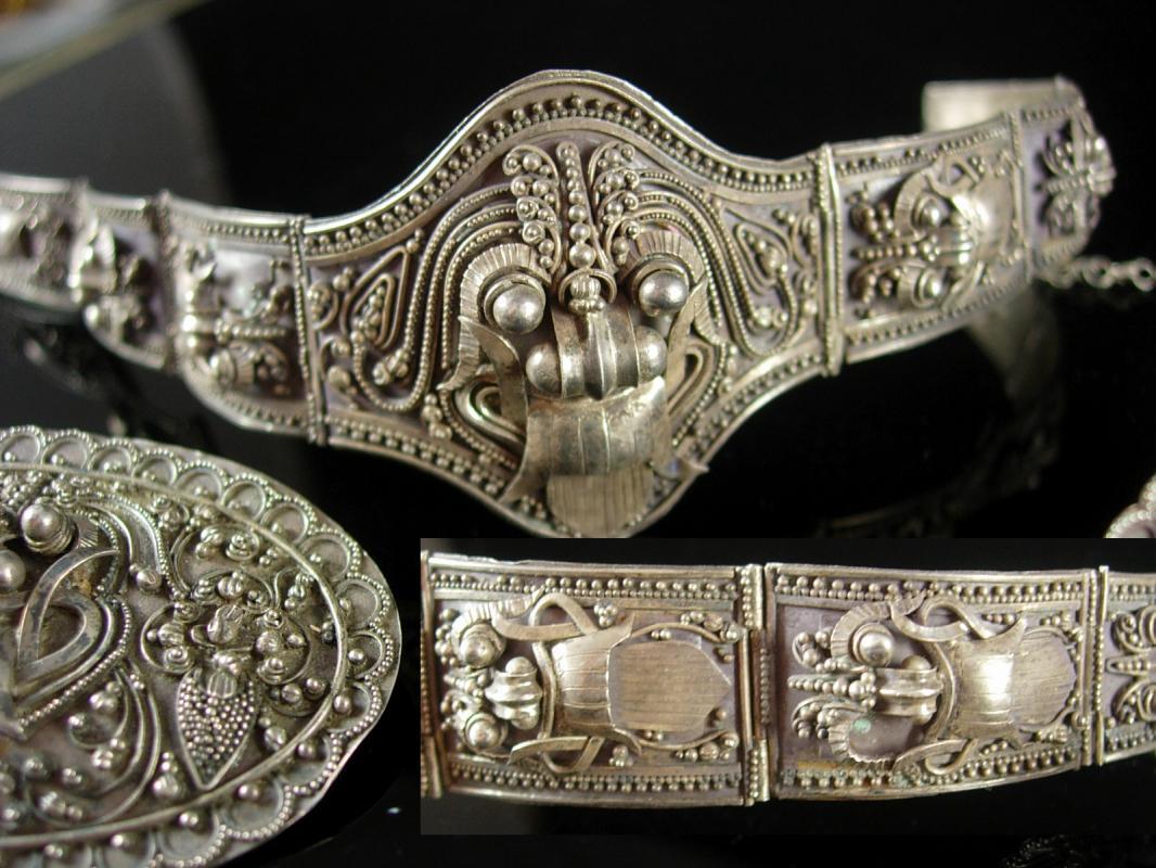 Antique demon queen Rangda Bracelet Brooch Earrings Silver etruscan Balinese demi parure Goddess jewelry