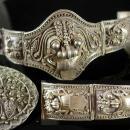 Antique demon queen Rangda Bracelet Brooch Earrings Silver etruscan Balinese demi parure Goddess jewelry