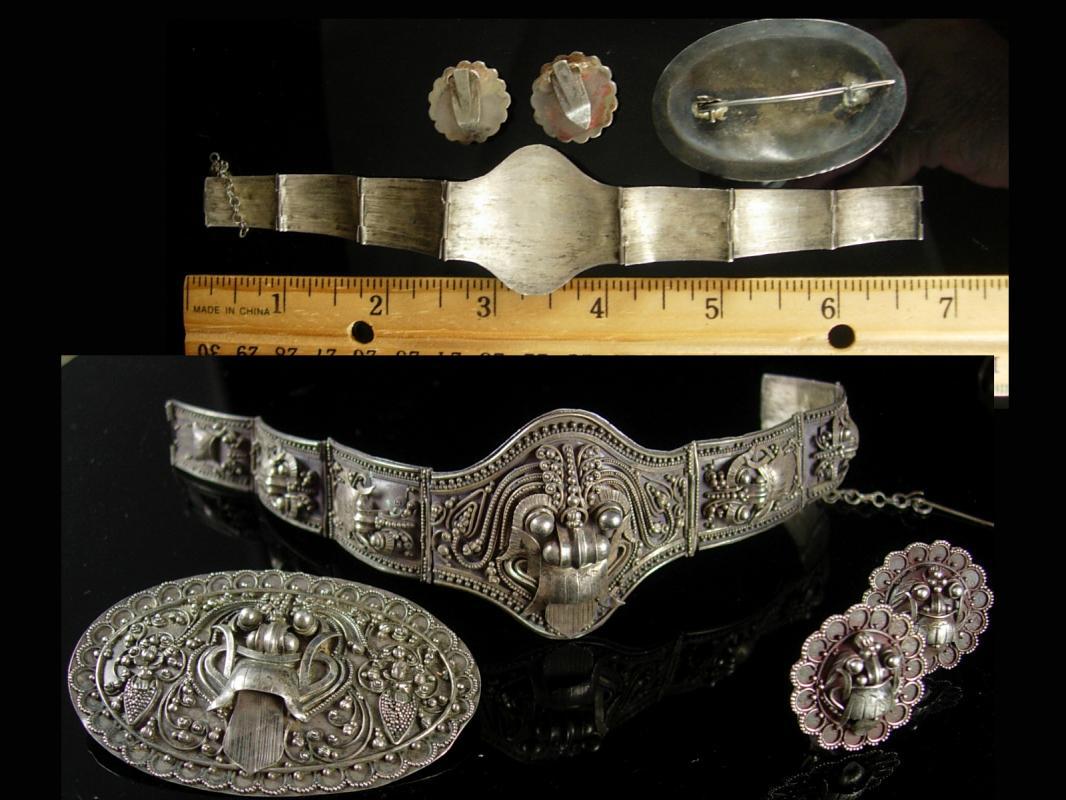 Antique demon queen Rangda Bracelet Brooch Earrings Silver etruscan Balinese demi parure Goddess jewelry
