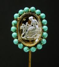Antique Nude Stickpin Turquoise Bavarian crystal Reverse carved glass intaglio Edwardian Cupid Stick lapel pin Venus stickpin