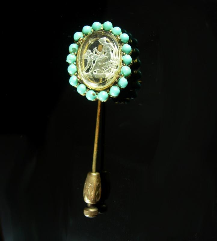 Antique Nude Stickpin Turquoise Bavarian crystal Reverse carved glass intaglio Edwardian Cupid Stick lapel pin Venus stickpin