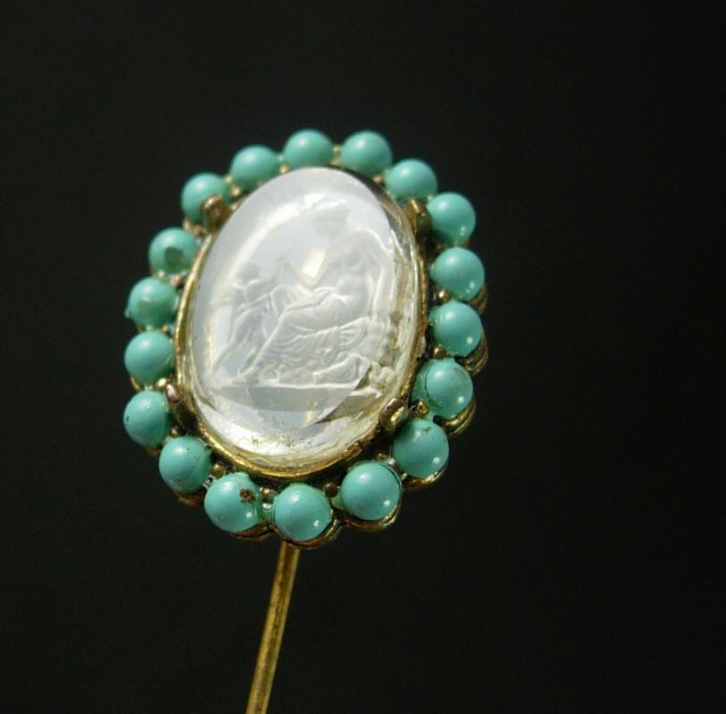 Antique Nude Stickpin Turquoise Bavarian crystal Reverse carved glass intaglio Edwardian Cupid Stick lapel pin Venus stickpin