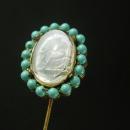 Antique Nude Stickpin Turquoise Bavarian crystal Reverse carved glass intaglio Edwardian Cupid Stick lapel pin Venus stickpin