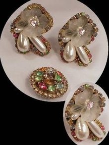 GLITZY HUGE rhinestone earrings and Rhinestone BROOCH