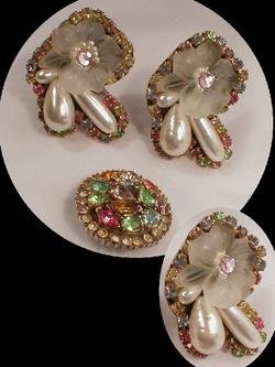 GLITZY HUGE rhinestone earrings and Rhinestone BROOCH